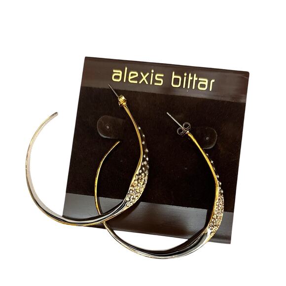 ALEXIS BITTAR Crystal Encrusted Twisted Two Tone Silver-Gold Hoop Earrings | NWT - Picture 1 of 12